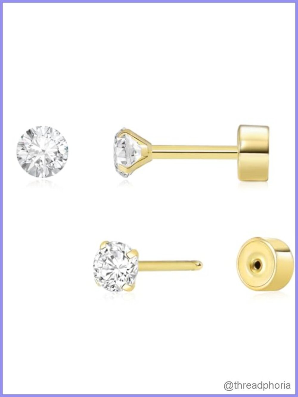 Threadless Flat Back Earrings 14K Gold Plated CZ Stud Hypoallergenic
